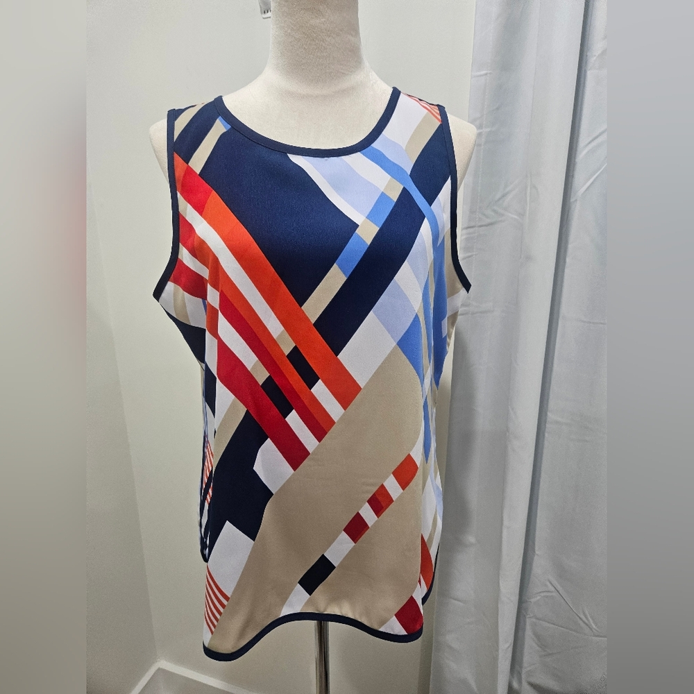 Liz Claiborne Petite PL Sleeveless Blouse Multicolor Geometric Print Top